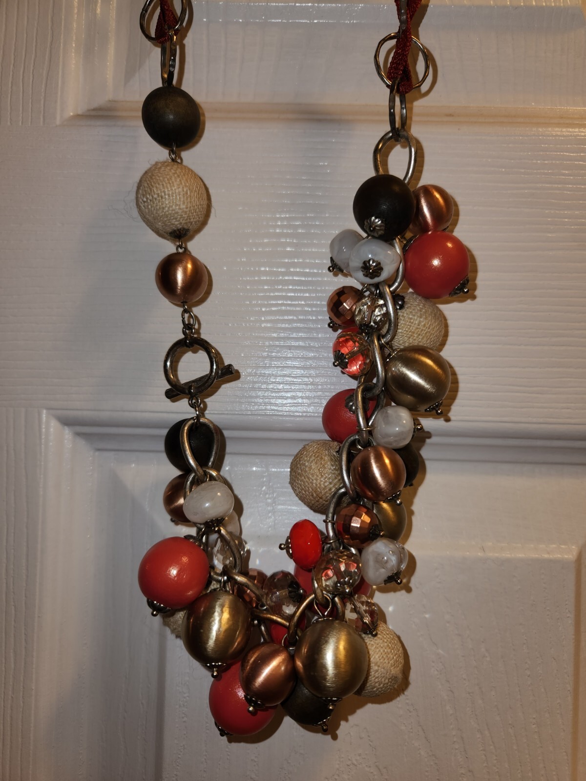 Chico’s Chunky Bead Necklace Mixed Material Orange Tan Brown