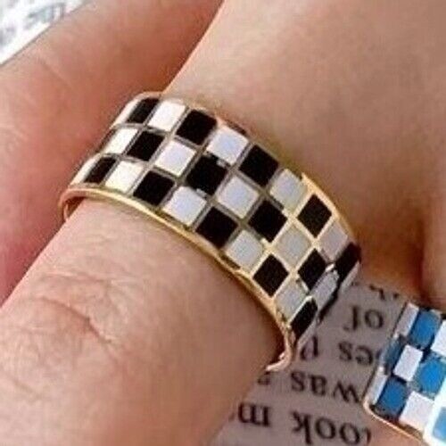Retro Black and White Checkered Gold Plated Titanium Ring Band Size 7