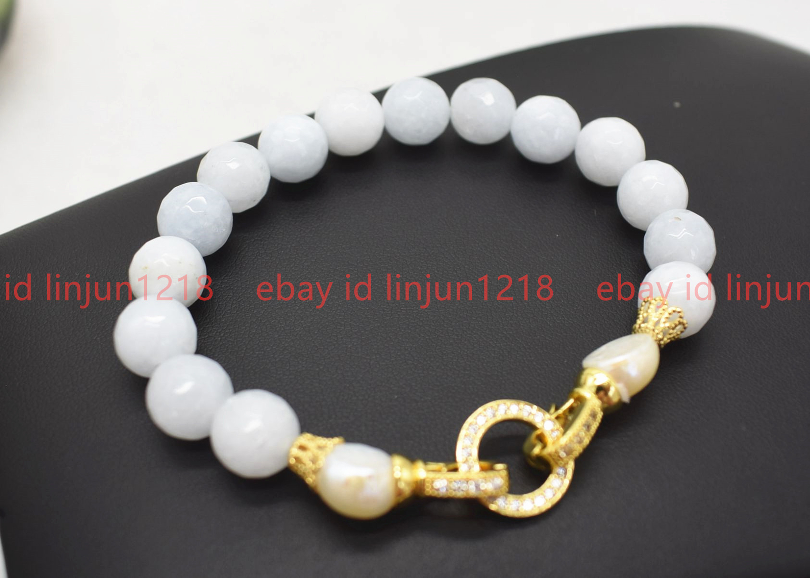 Natural 8mm Light Blue Aquamarine Round Gemstone Bead White Pearl Bracelet 7-9in