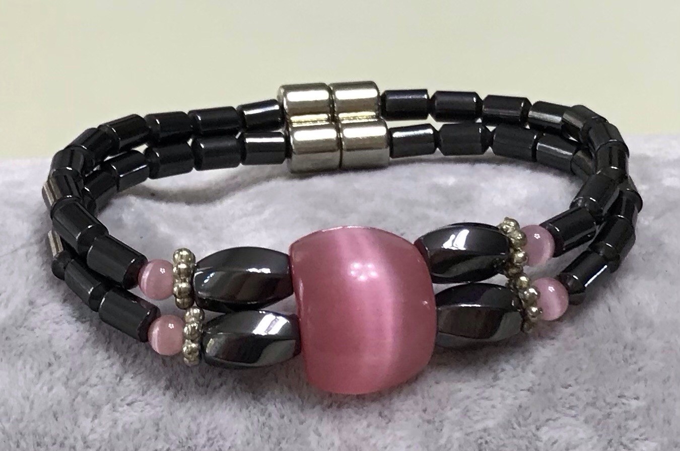 Pink Cats Eye 6.5 inch Magnetic Hematite Double Strand Bracelet w/Magnet Clasp