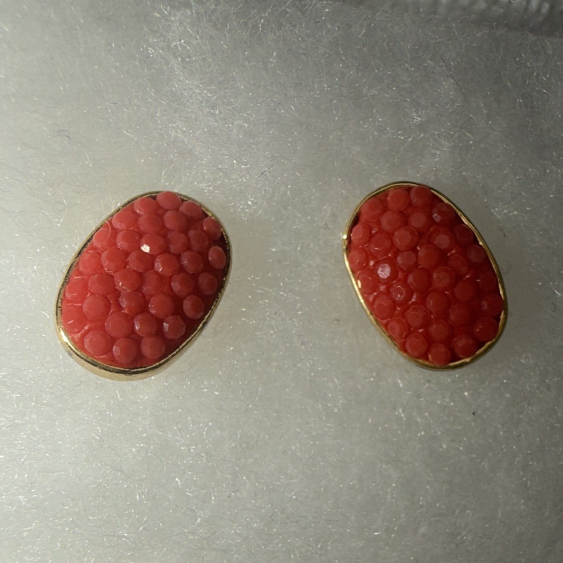 Gold Tone Red Oval Resin Stud Earrings Butterfly Closure No Stone
