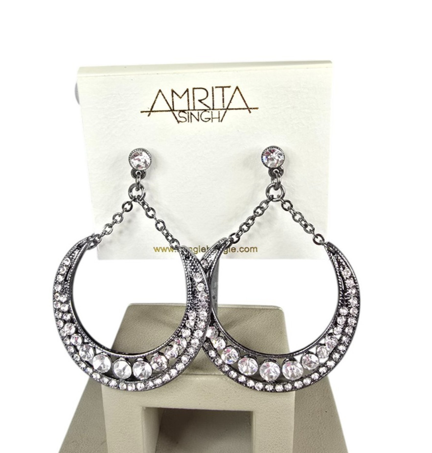 Amrita Singh Gunmetal Plated Crystal Long Dangle Earrings NWT
