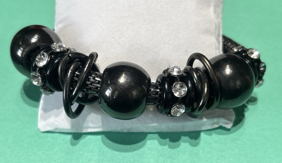 Gun Metal Beaded & Rhinestone Bracelet Mesh Base Heavy Boho Metal Chic