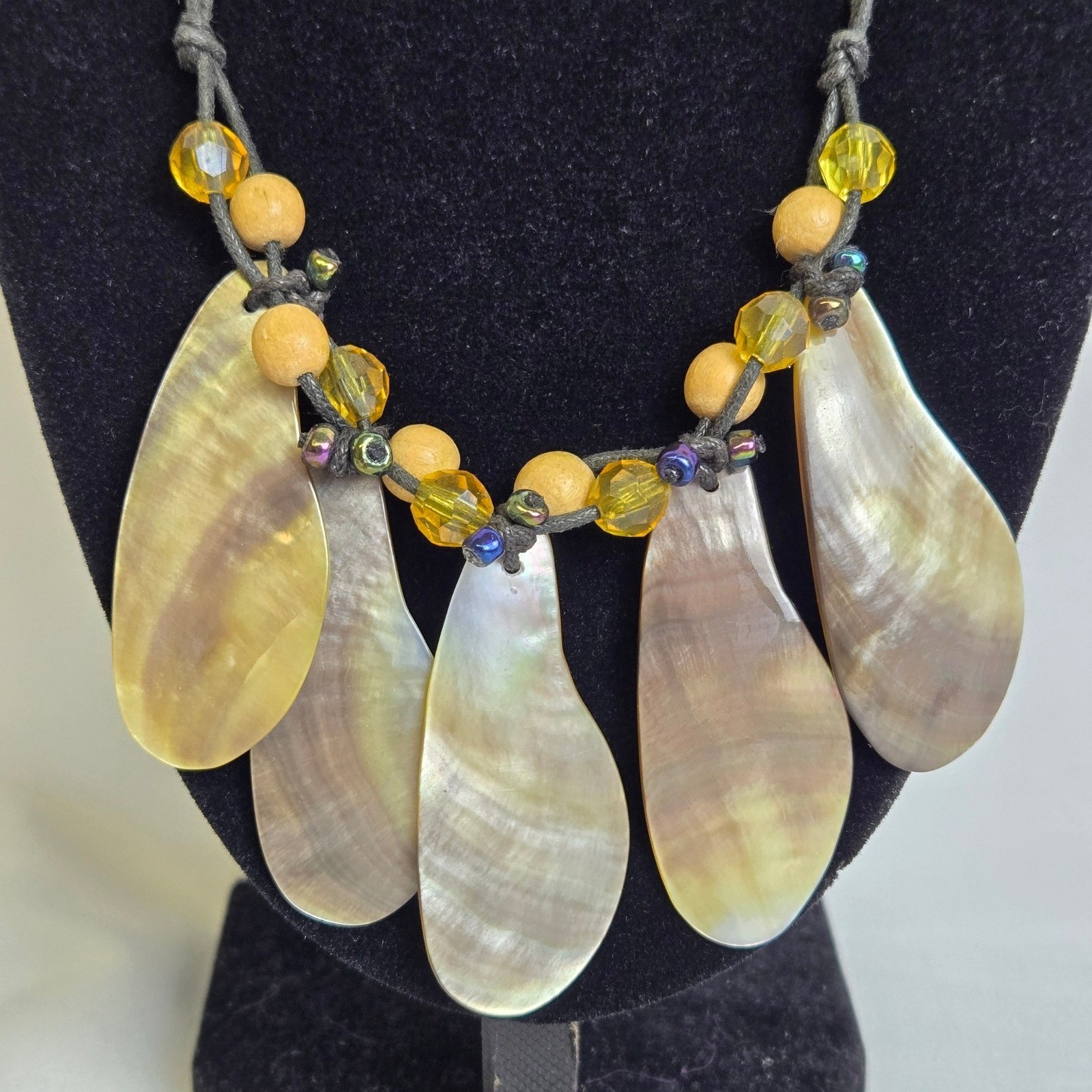 Bohemian Beachy Bib Necklace, Iridescent Pendants Beaded Cord