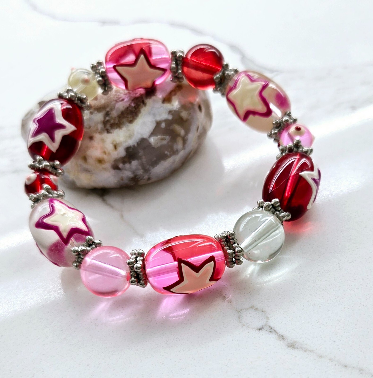 Pink Bracelets Handmade Wholesale Lot of 6 Glass Beaded Stretch Bracelet