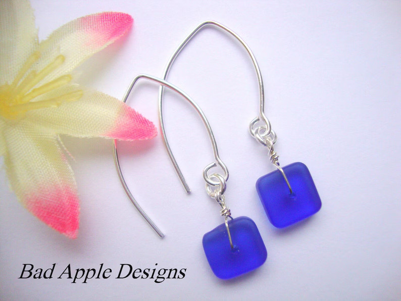 Flat, Forward-Facing, Dainty Frosted Sea Glass Silver Marquise Earrings, Jewelry