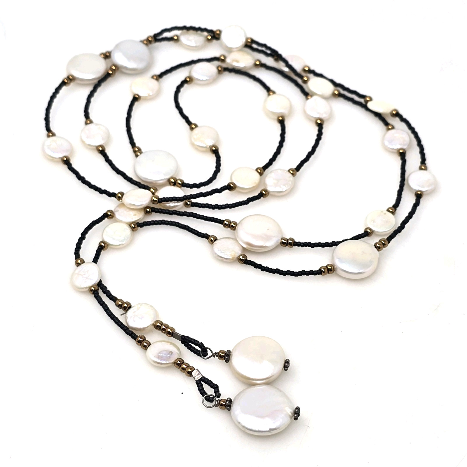 Long Baroque Coin Pearl Black Spinel Station Beaded Necklace 48″ Lariat