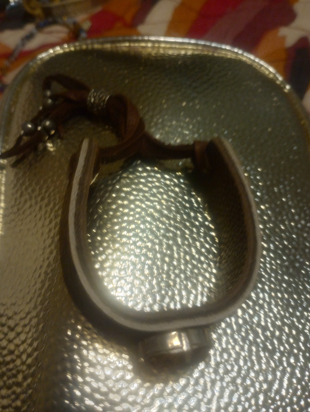 Western Leather Cuff Bracelet Adjustable Tie Cord with Round Brown Stone, Prong