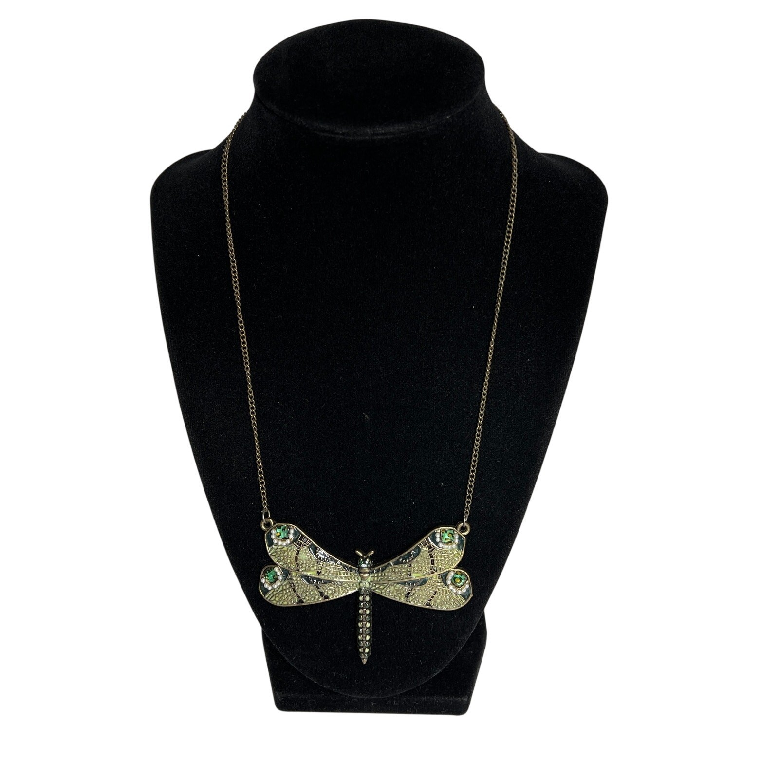 Dragonfly Pendant Necklace Green Gold Tone Rhinestone Statement 18in