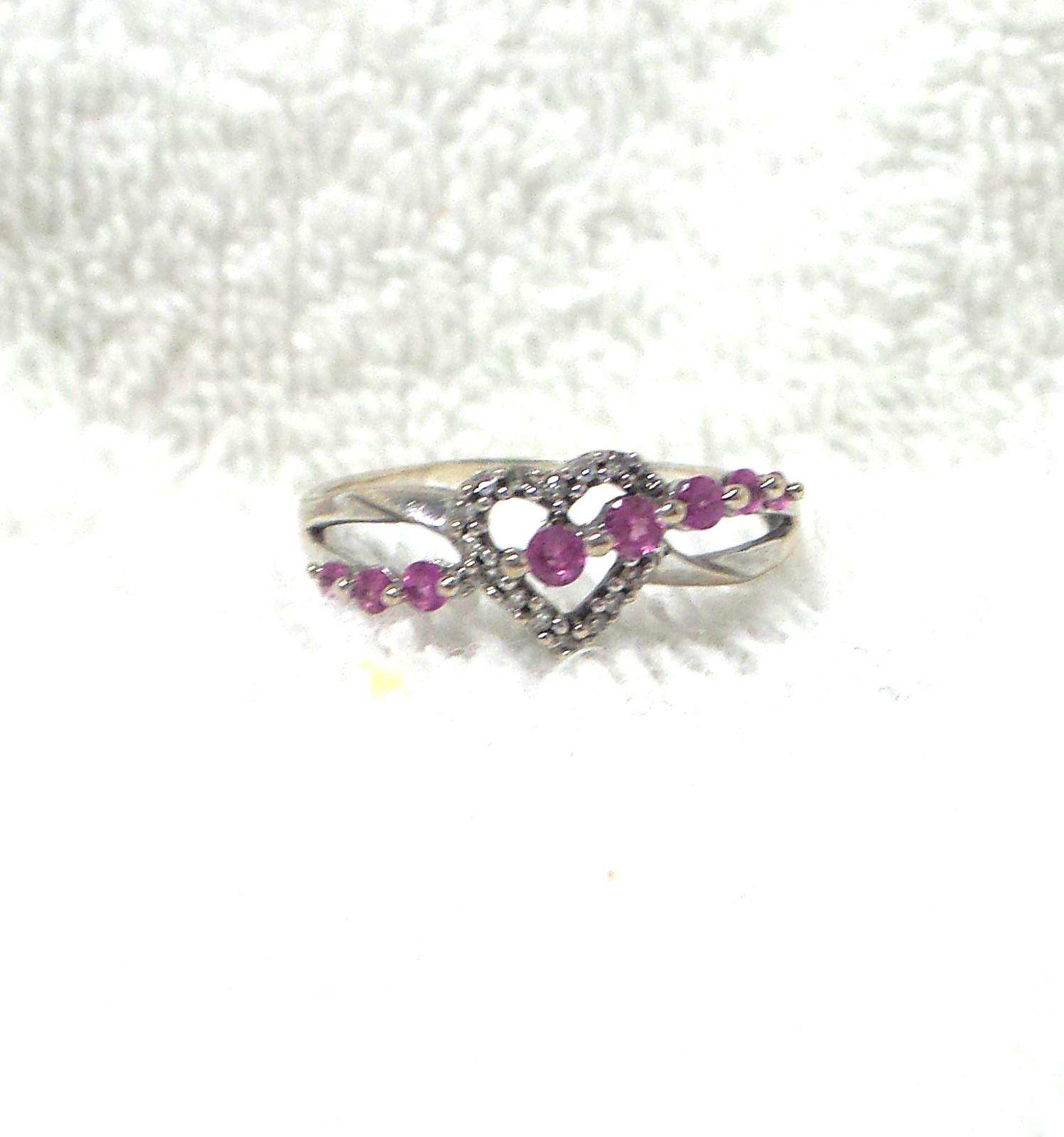 Ladies 14K White Gold Pink Gemstone and Heart Diamond Ring