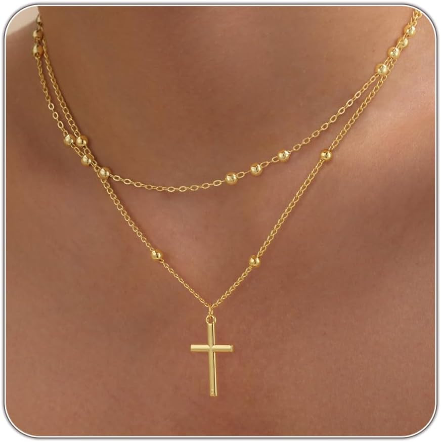 Cross Necklace for Women – Dainty 14K Real Silver Gold Plated Layered Pendant Ne