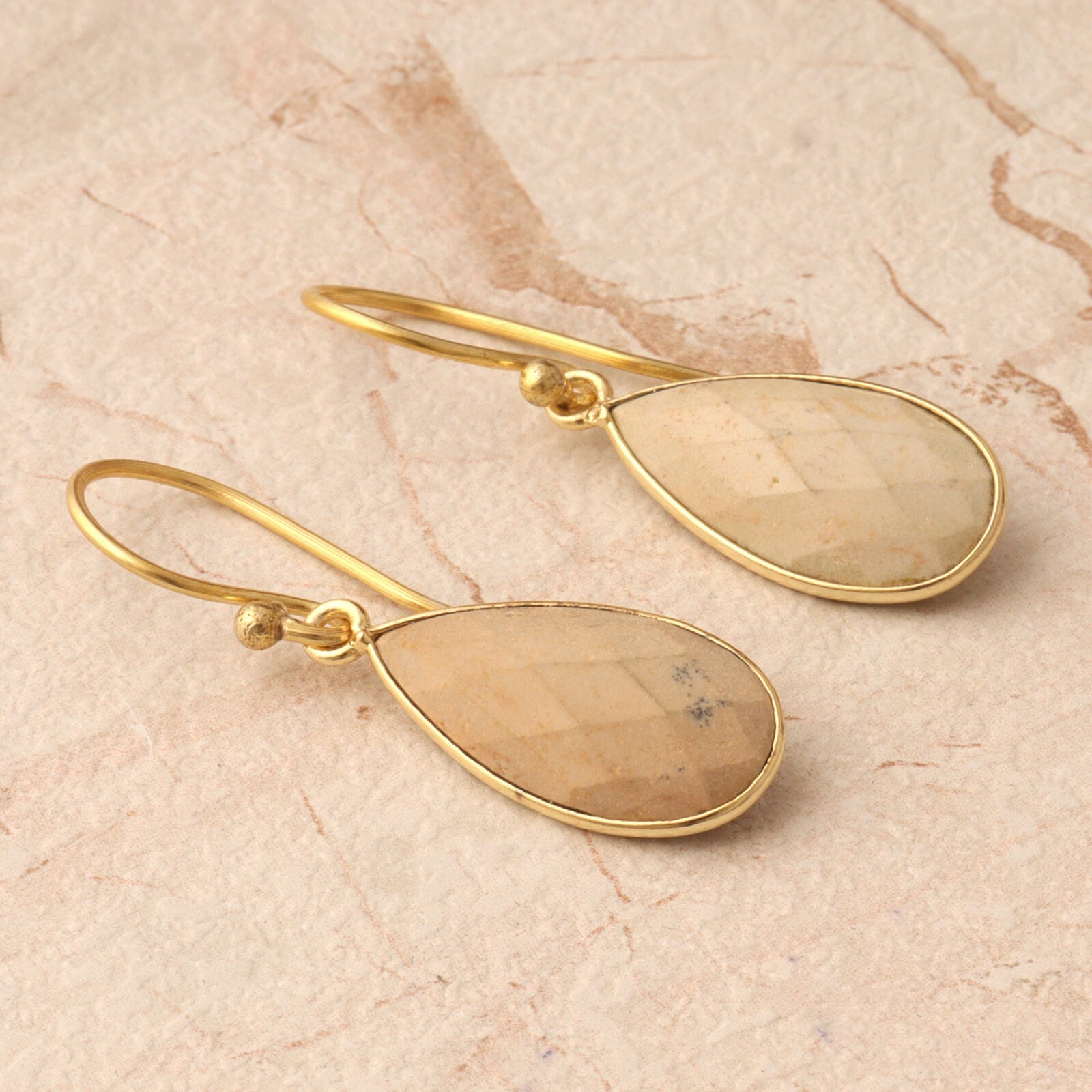 Unique Design Picture Jasper Yellow Gold Plated Bezel Set Drop Dangle Earrings