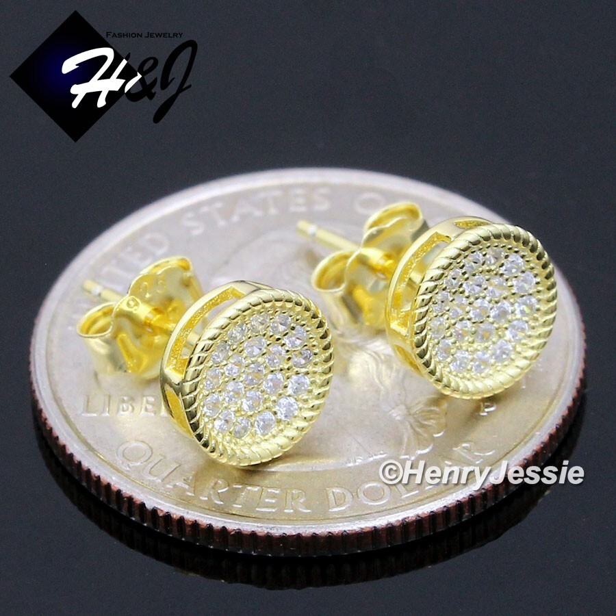 MEN WOMEN 925 STERLING SILVER ICY CZ GOLD PALTED 7MM ROUND 3D STUD EARRING*GE225