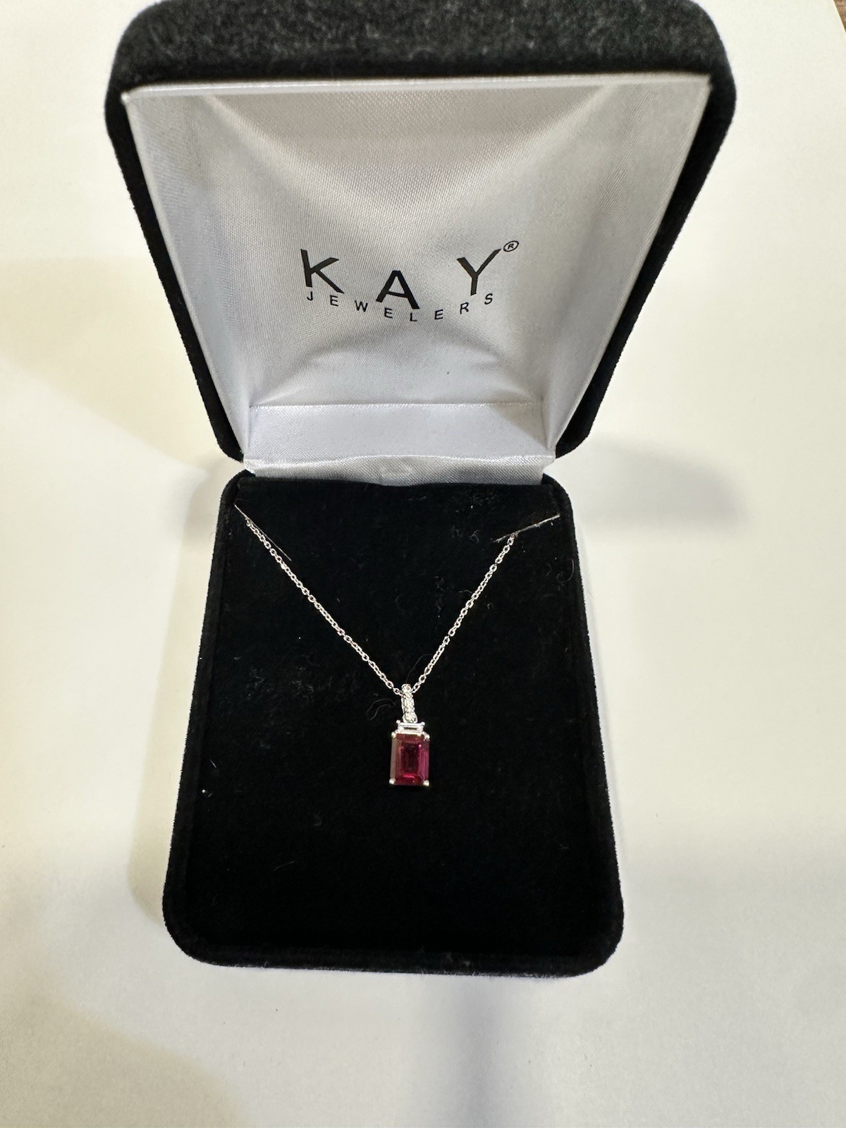 Kay Jewelers Lab-Created Emerald-Cut Ruby & Sapphire Pendant Necklace 18″