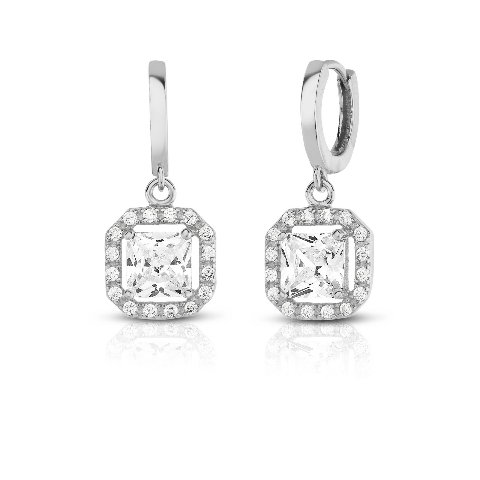 925 Sterling Silver White Topaz Princess Cut Halo Leverback Drop Dangle Earrings