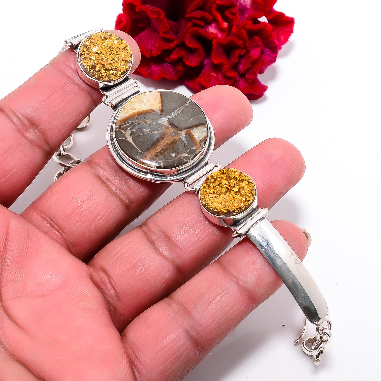 Septarian Stone & Golden Titanium Agate Drusy 925 Silver Bracelet 7.99″ B1001093