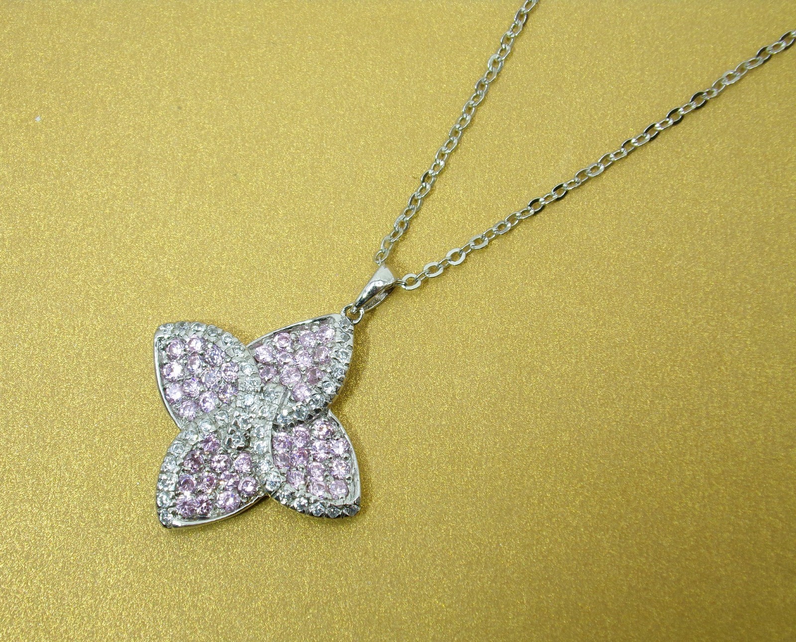 Pink and clear crystal flower pendant necklace in a silver setting 1″ x 1″ New