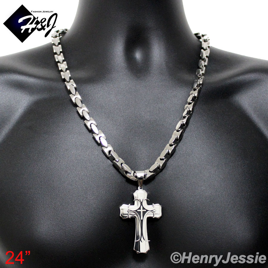 18-40″Stainless Steel 8mm Silver Interlock Chain Black Plated Cross Pendant*H2