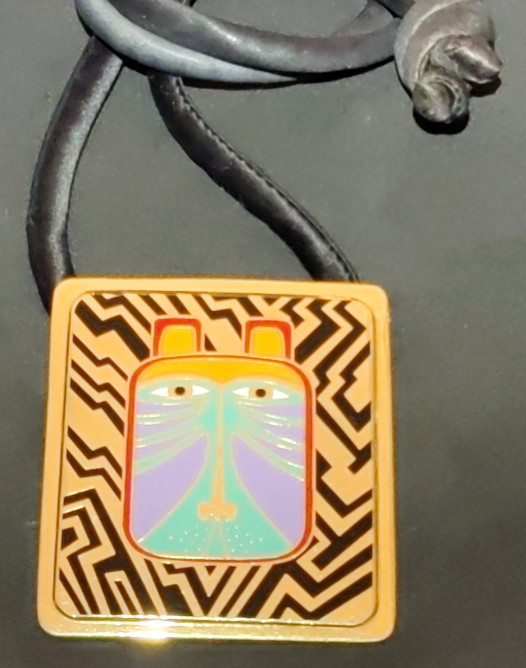 Laurel Burch Toshio Lion Cat Pendant Necklace Gold Enamel Cloisonné Signed