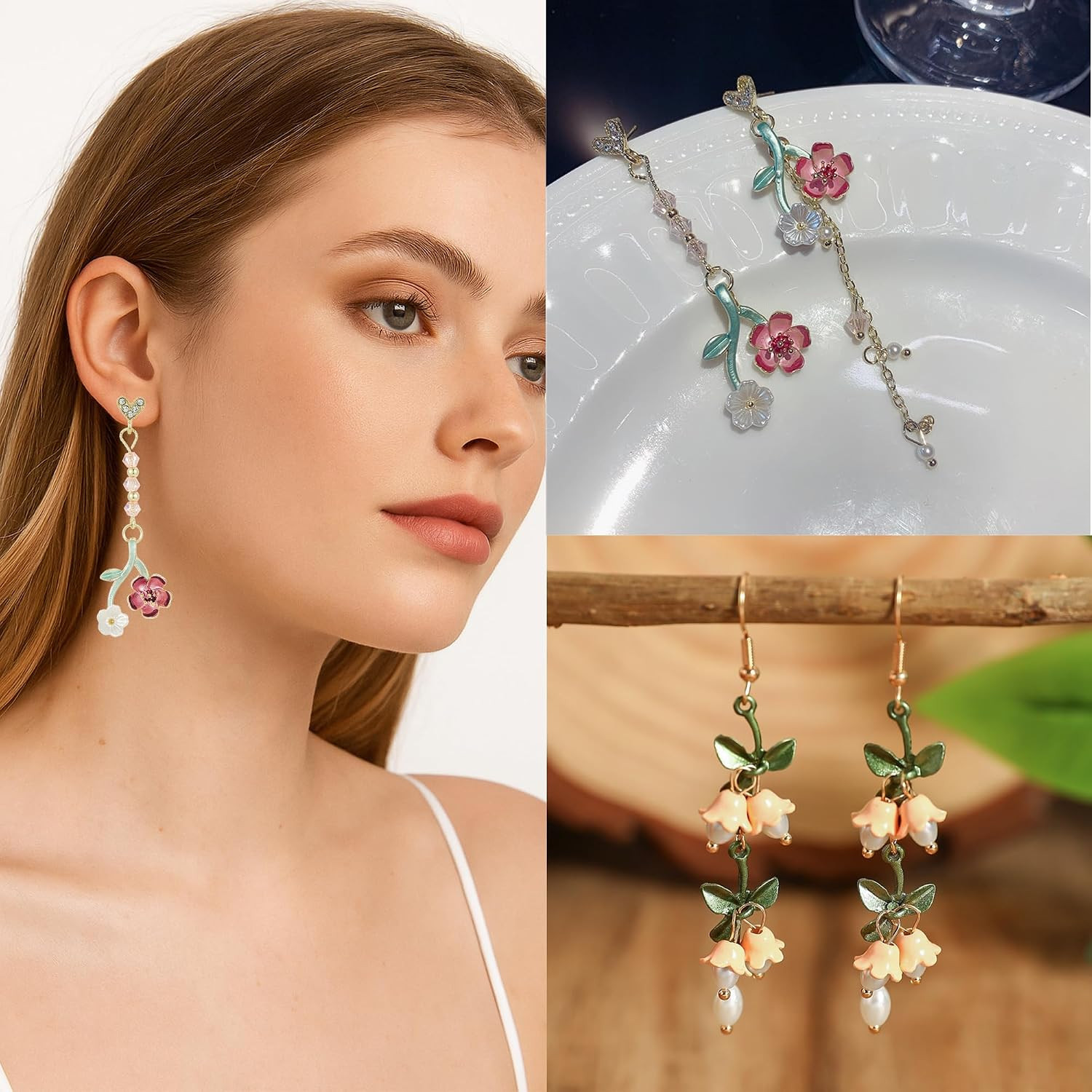 9 Pairs Floral Earrings Set Inspired Long Dangle Flower Leaf Designed Earrings w