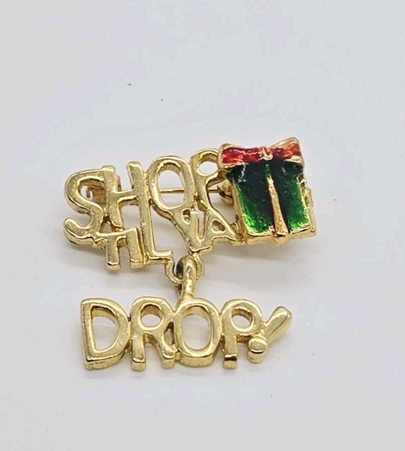 Shop Till you Drop Charm Brooch Gold Tone Enamel Holiday Christmas Pin Jewelry