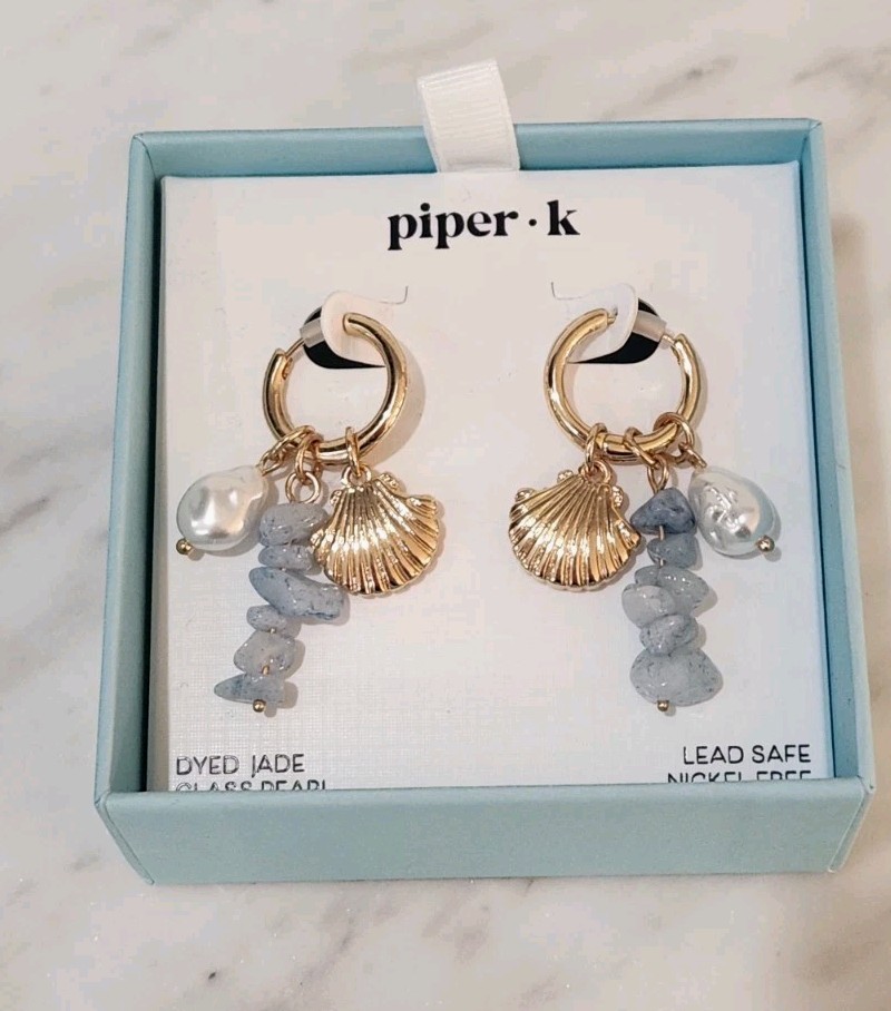 NiB! Piper K Dyed Blue Jade Glass Pearl, Seashell Gold Dangle Earrings