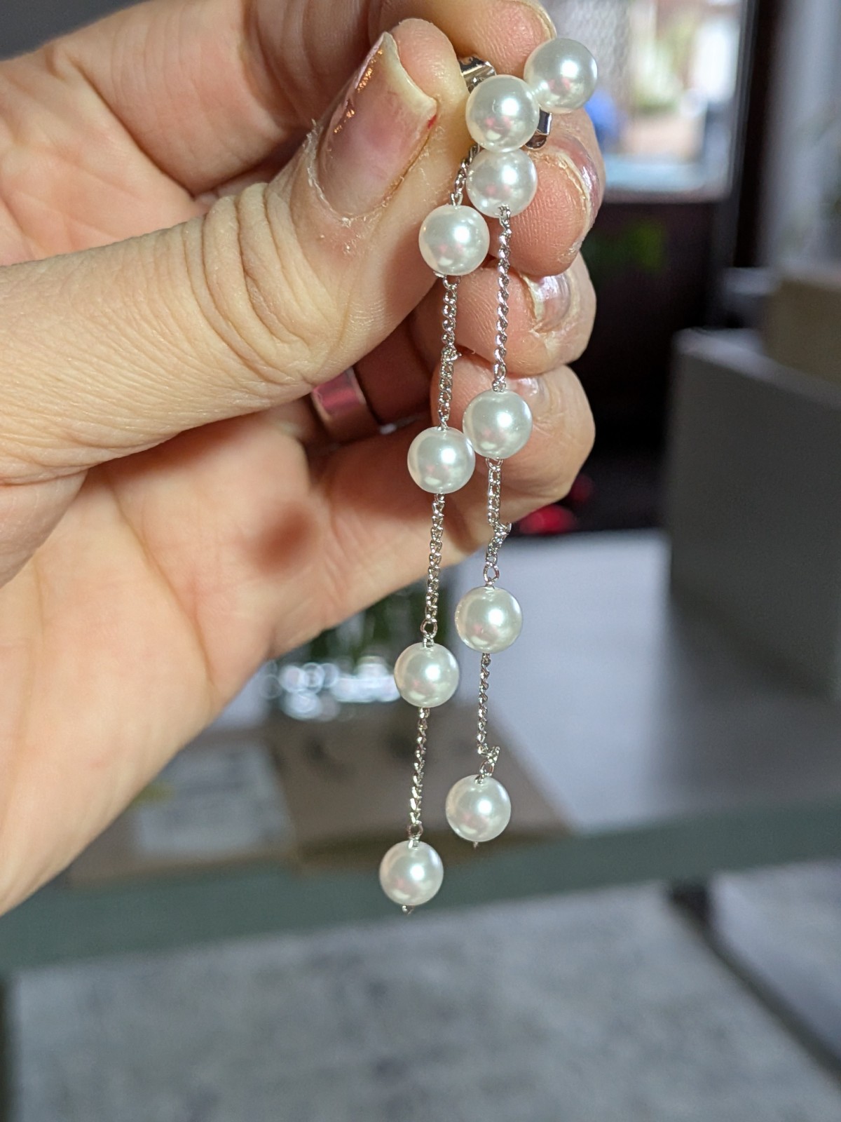 Beautiful Dochais Dangly Faux Pearl Silver Tone Earrings, Boxed.