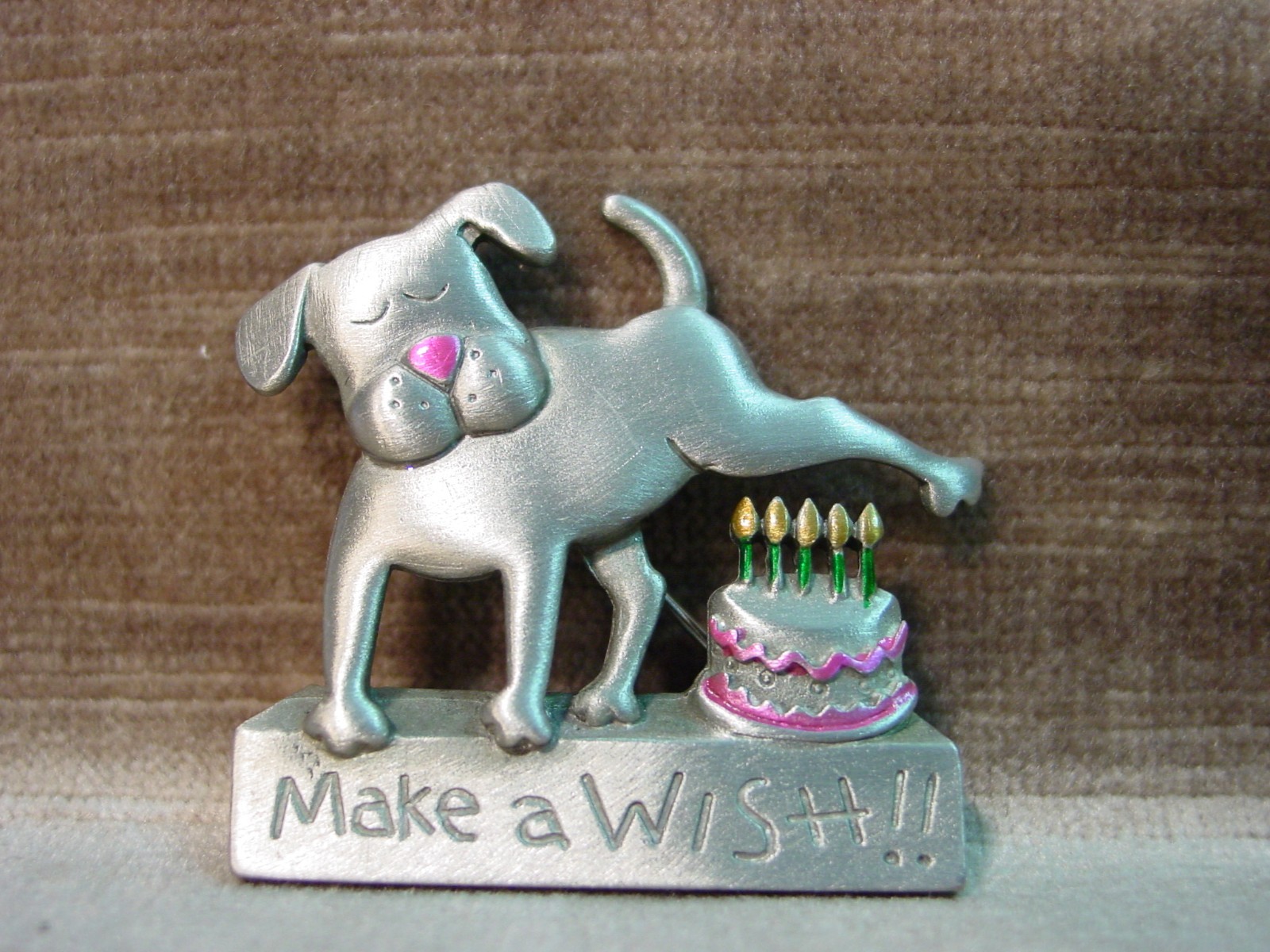 “JJ” Jonette Jewelry Silver Pewter ‘MAKE A WISH’ Dog Birthday Cake Pin