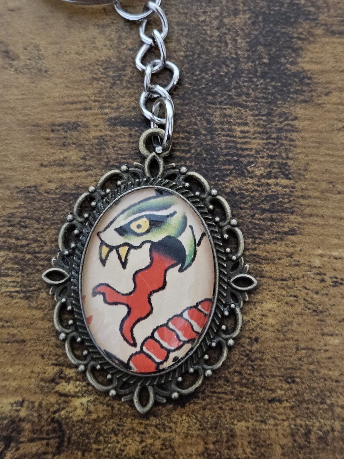 ANTIQUE BRONZE TATTOO SNAKE PENDENT KEYCHAIN ONE OF A KIND OOAK LOOK BRAND NEW