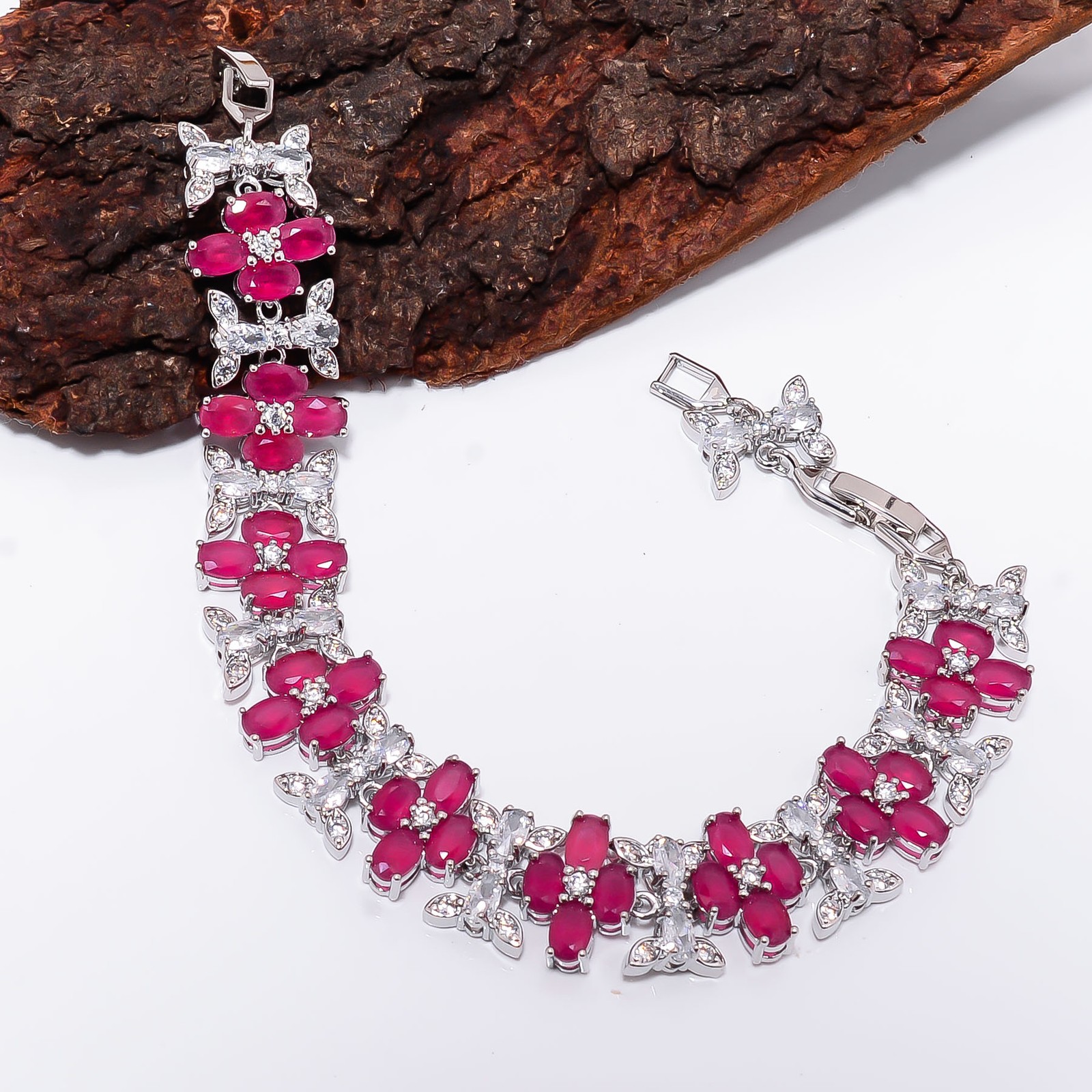 Ruby – Simulated, CZ 925 Sterling Silver Adjustable Bracelet 7-8″ B13091