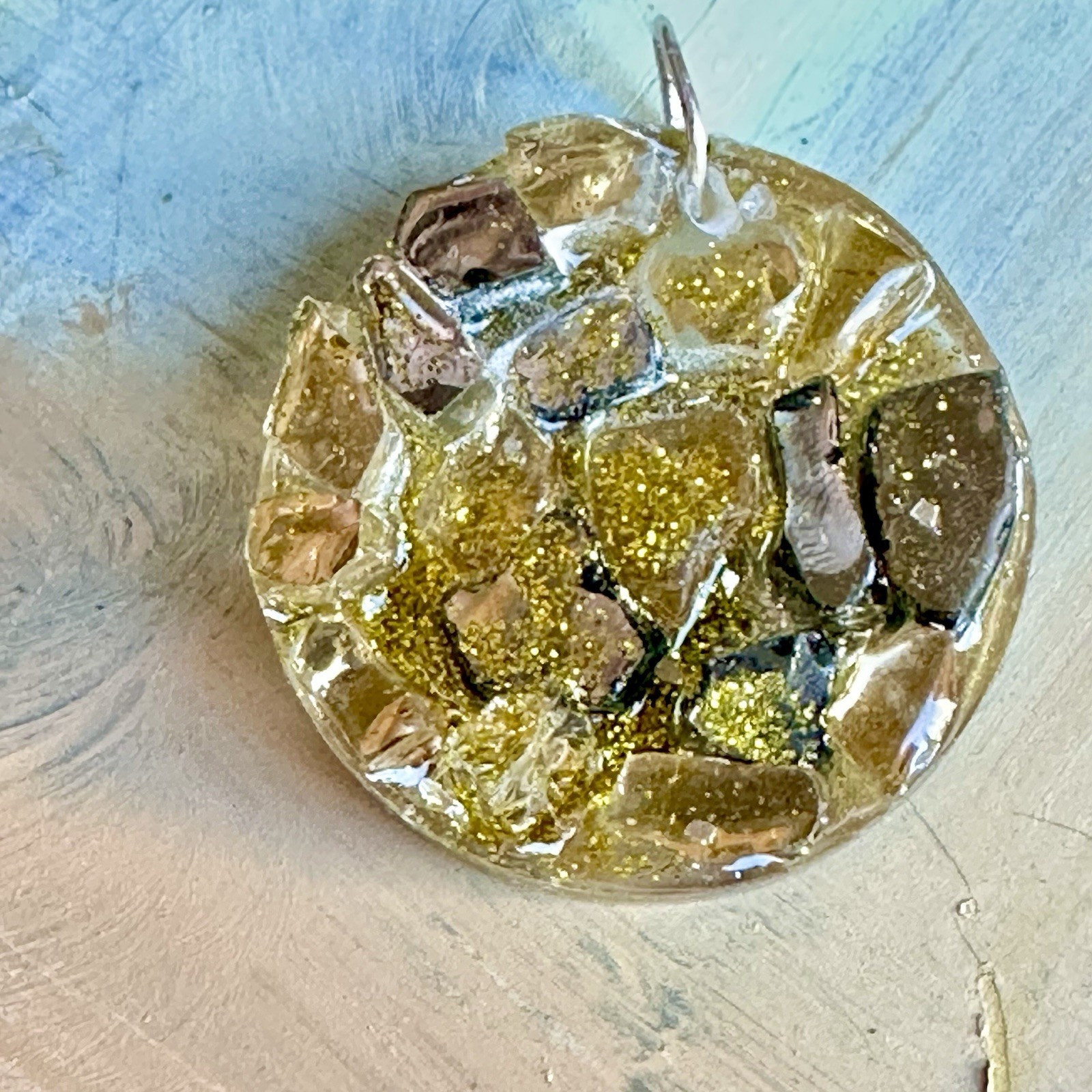 Handmade Pendant Unique Fire Glass Unique Sparkly Resin Disc 2’ Art OOAK 0730 Y