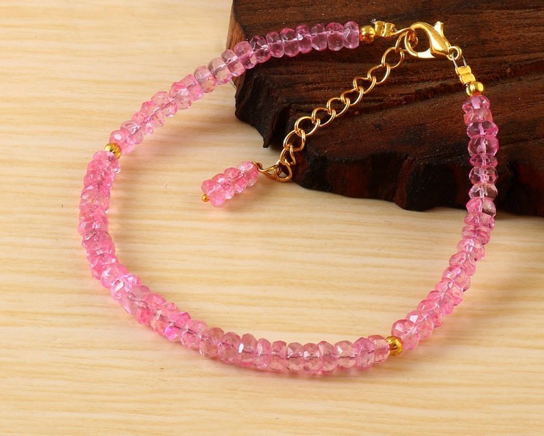 Natural A++ Pink Sapphire Faceted Rondelle Gemstone Beads Women Bracelets 6-8”