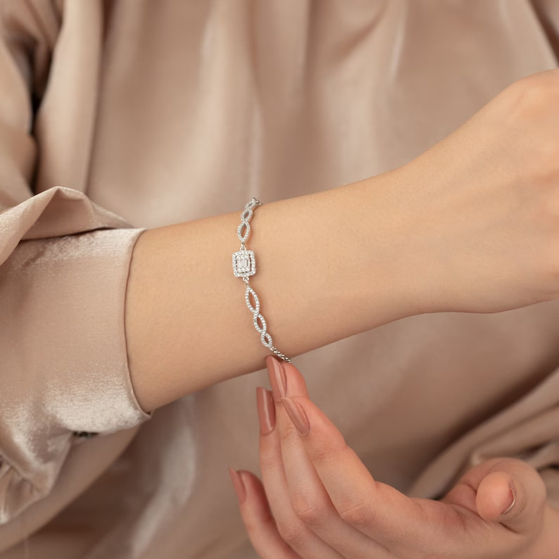 6.79 Ct Baguette Simulated Diamond Dainty Tennis Bracelet 14K White Gold Plated