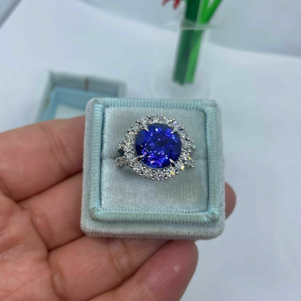 2.50Ct Round Cut Blue Tanzanite Halo Engagement Ring 14K White Gold Finish
