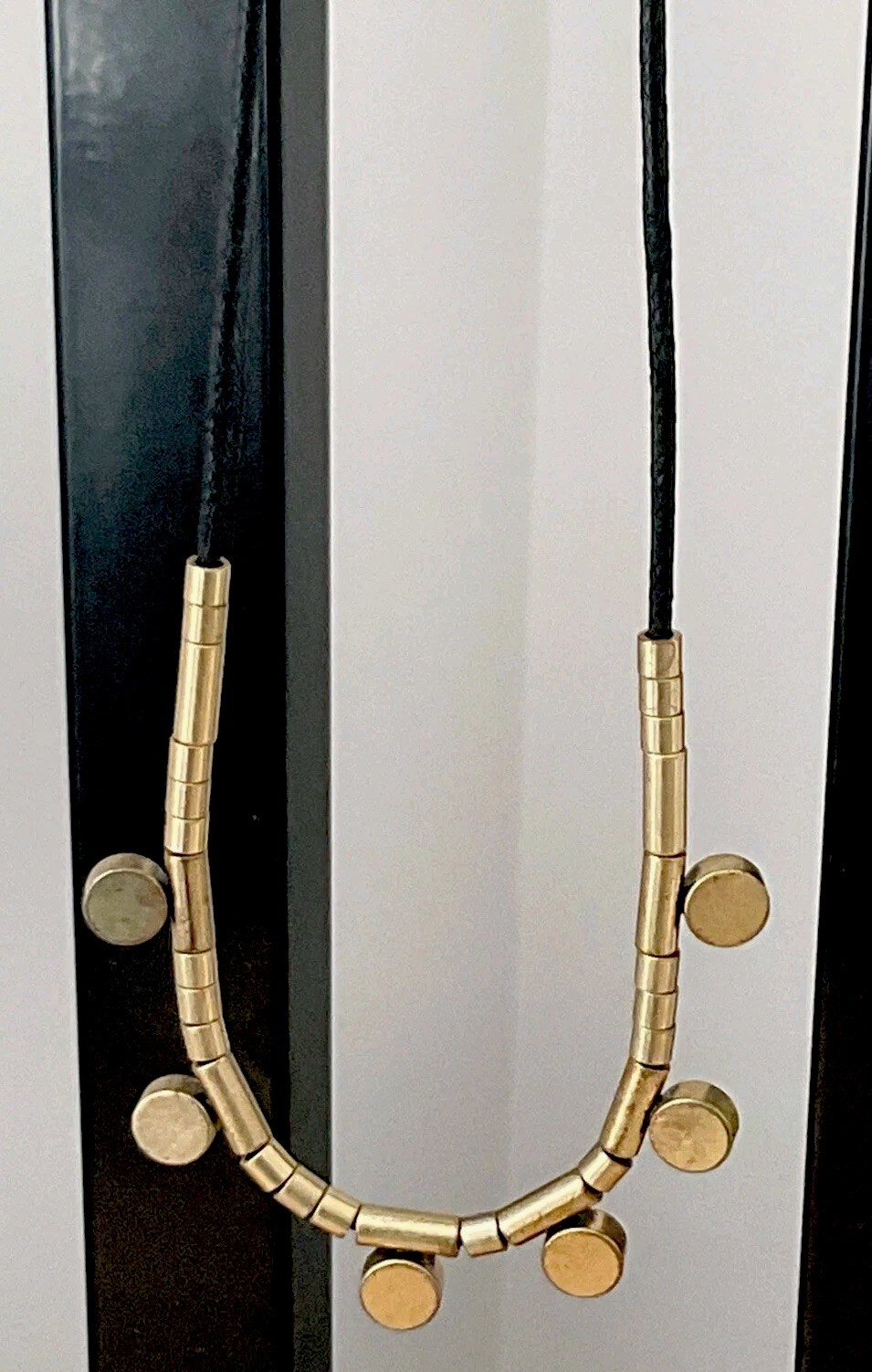 J Crew necklace With Gold Color Discs on black Cord_ Very Good Used Condition