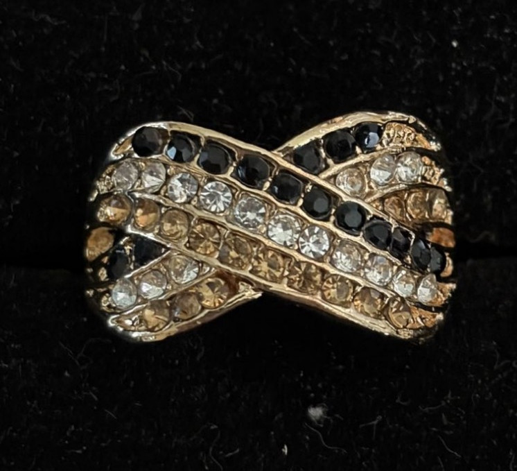 Criss-Cross Pattern Multicolor Rhinestones on Goldtoned Band Ring- Size 10. Gift