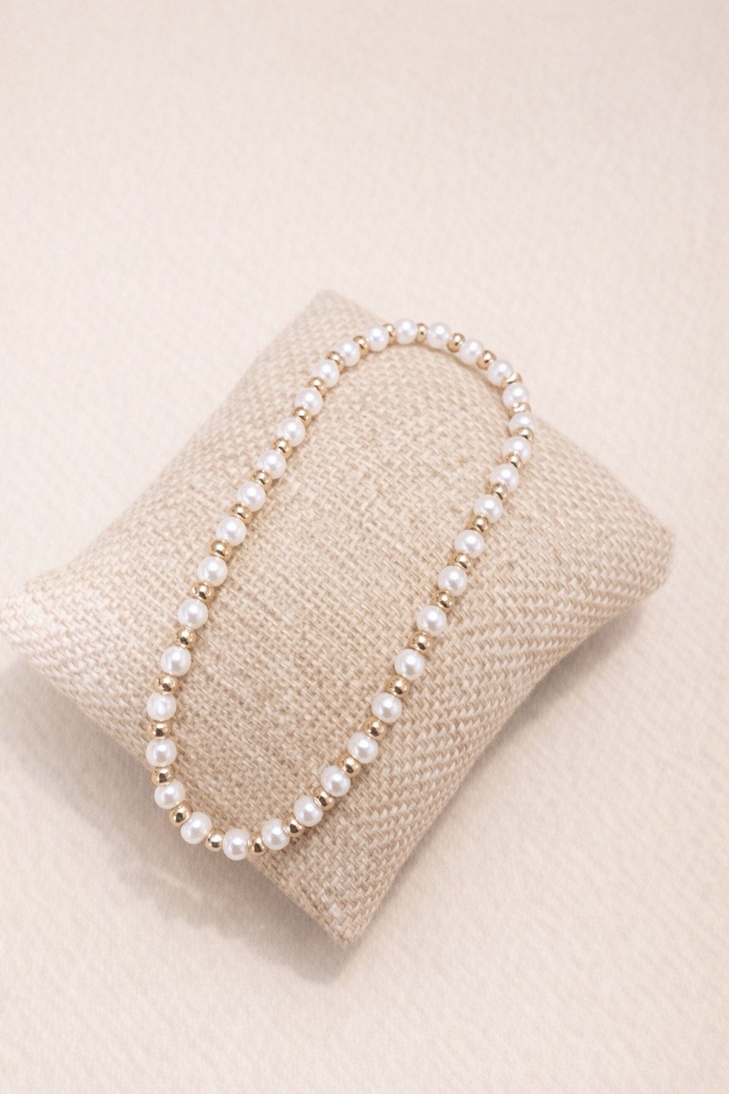 Pearl Beaded Stretch Bracelet Set: Gold White Blue Stackable Round Beads