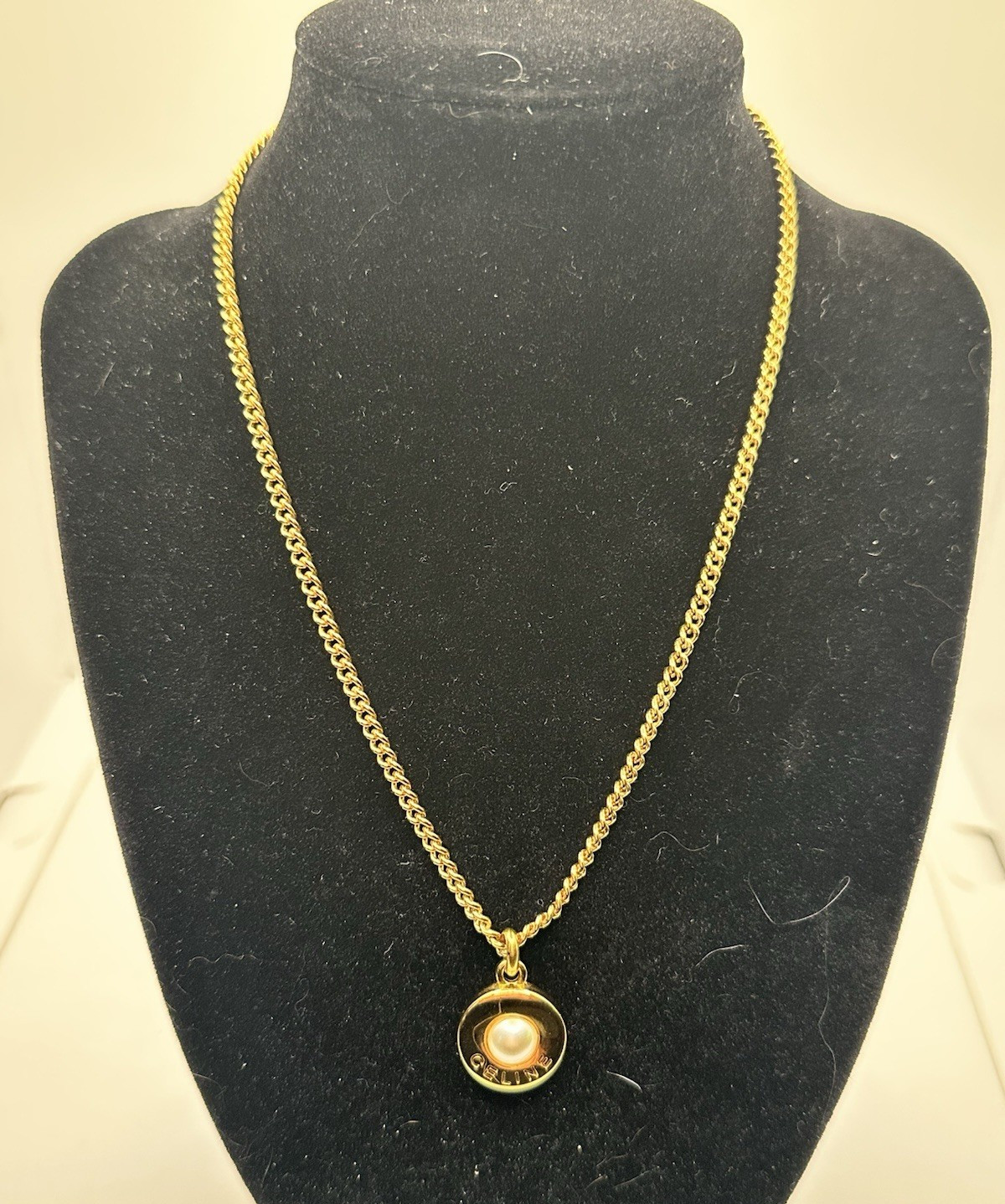 Celine Gold Tone Curb Link Chain Necklace Round White Pearl Charm Pendant Signed