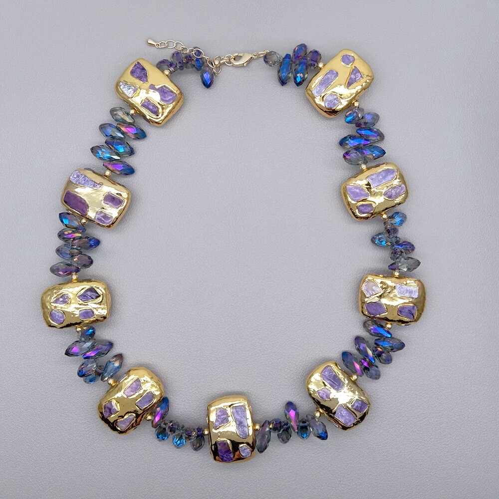 Natural Purple Charoite Chips Rectangle Choker Beaded Necklace