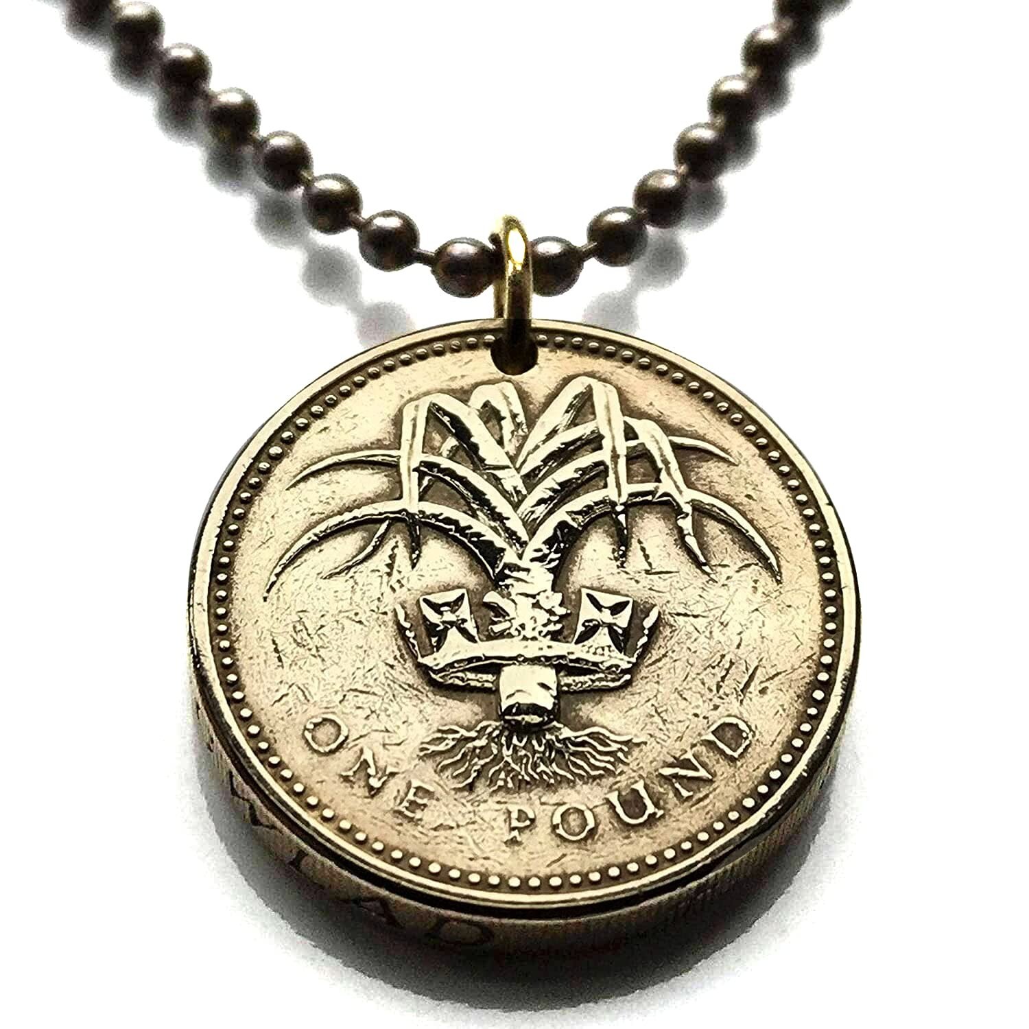 1985 Wales United Kingdom 1 Pound coin pendant Welsh leek Cardiff Swansea 002400