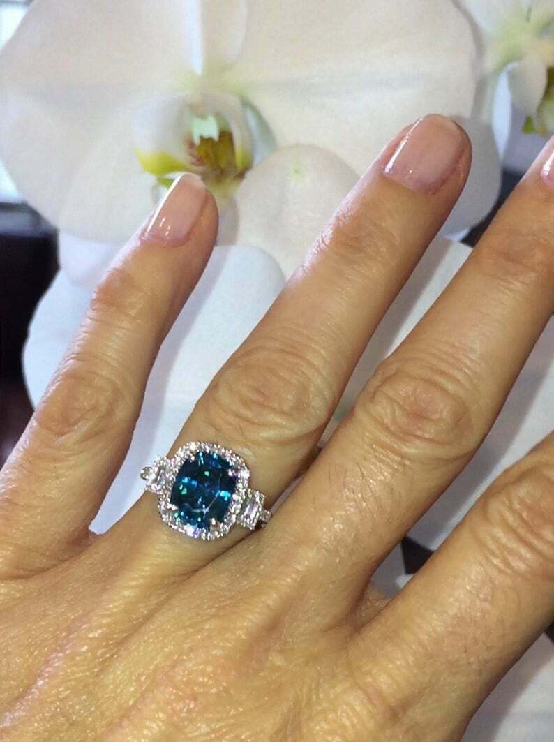 2Ct Cushion Simulated London Blue Topaz Halo Ring 14K White Gold Plated Silver