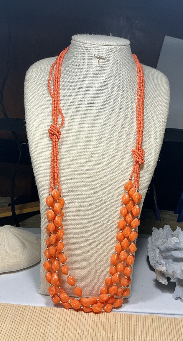 Fashion Necklace Orange Plastic & Glass Seed Bead Multi Strand Brass Lot 91