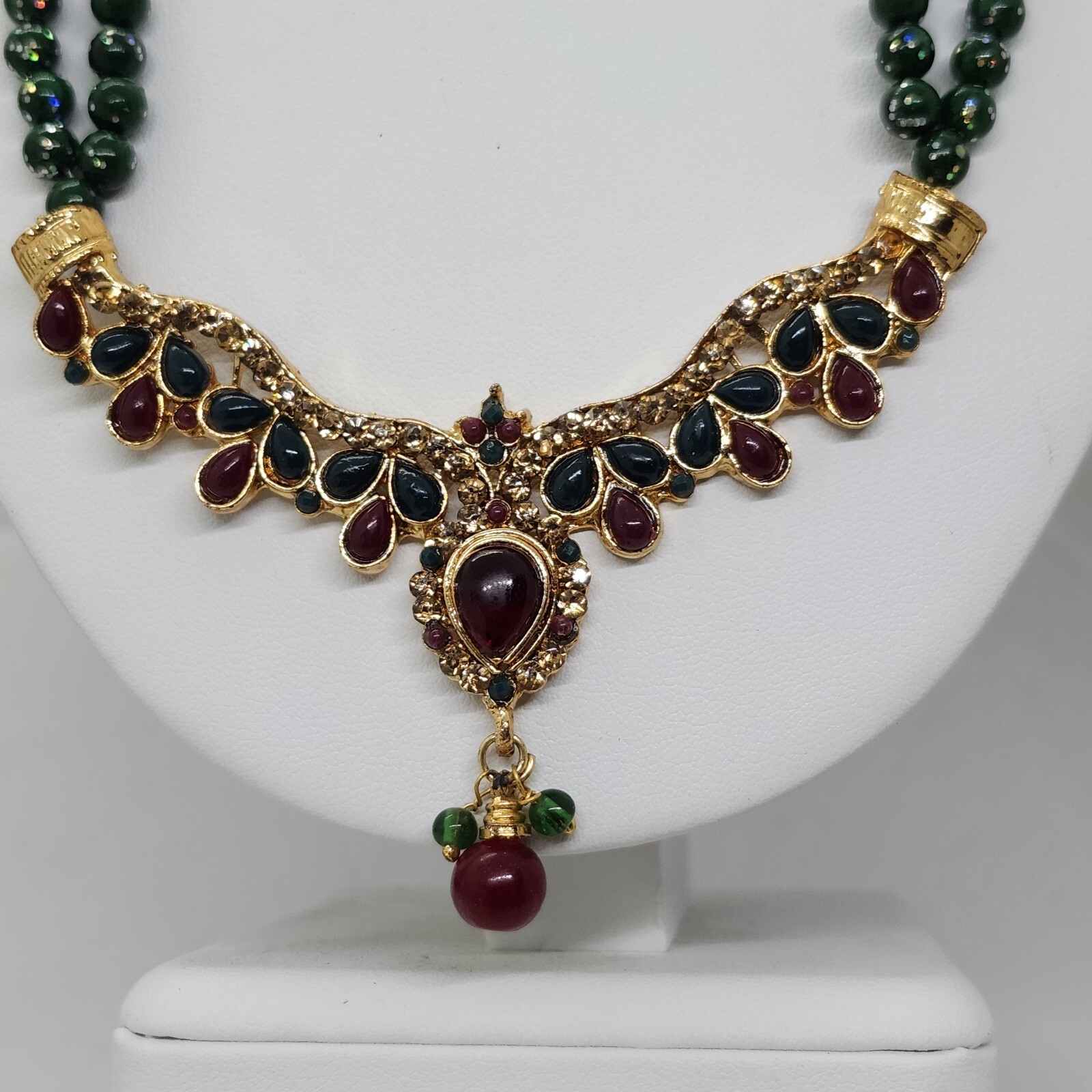 Double Strand Green Glitter Bead Kundan Style India