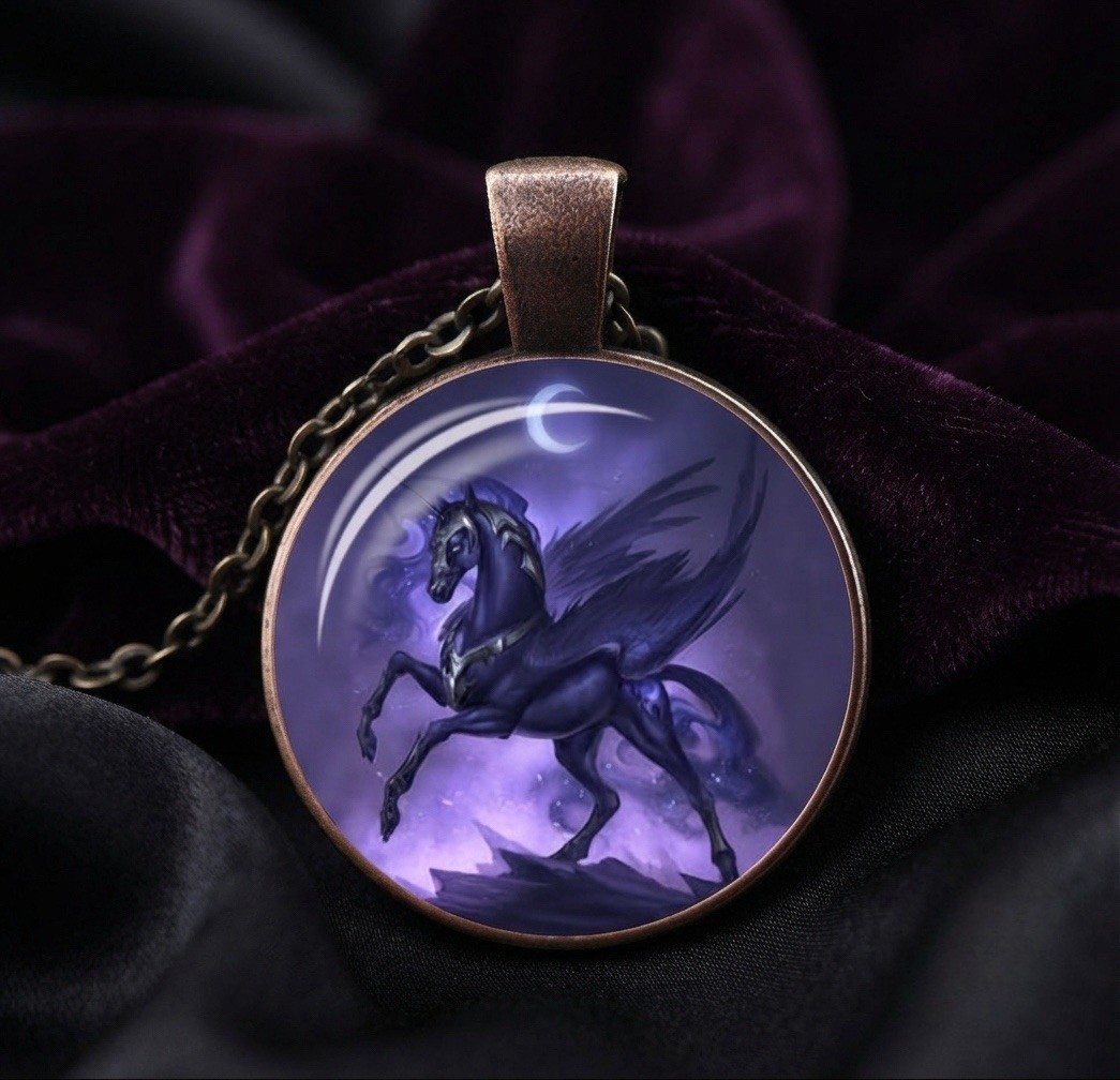 Celestial Black Pegasus Glass Cabochon Necklace Night Sky Fantasy Jewelry Goth