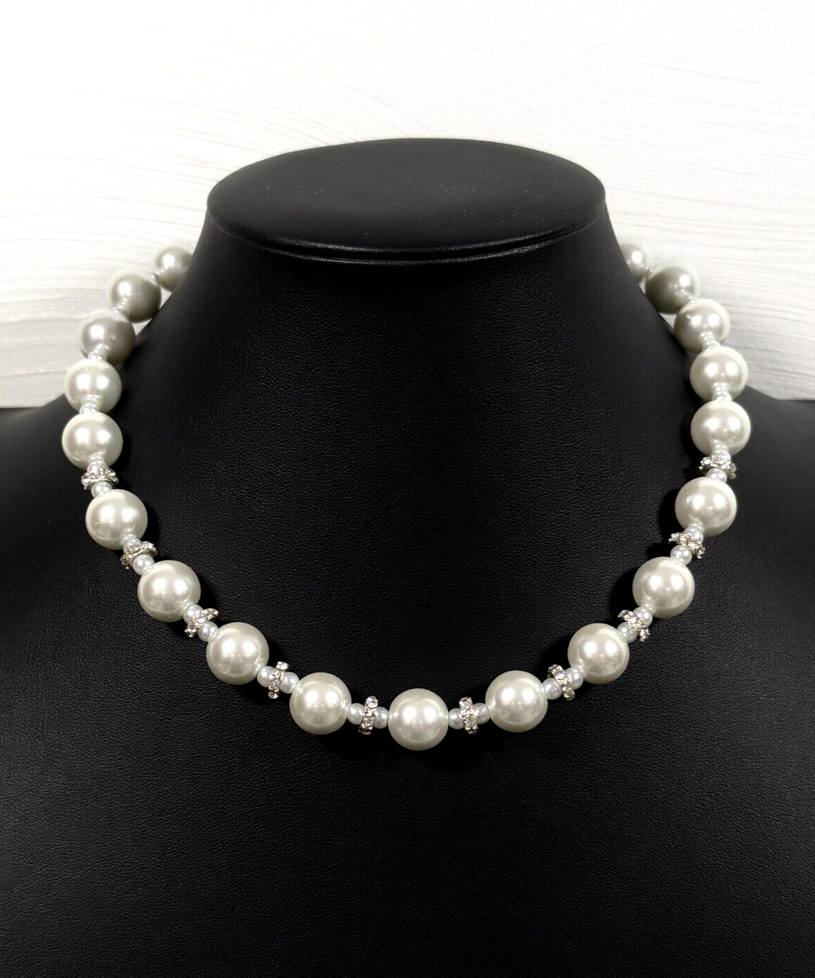 White Round Faux Pearl Crystal Necklace Bridal Classic 19 in Glass