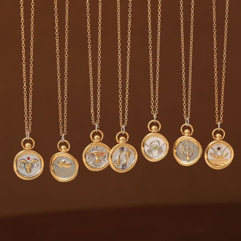 12 Zodiac Sign Constellation Charm Pendant Astrology Necklace Round Circle Chain