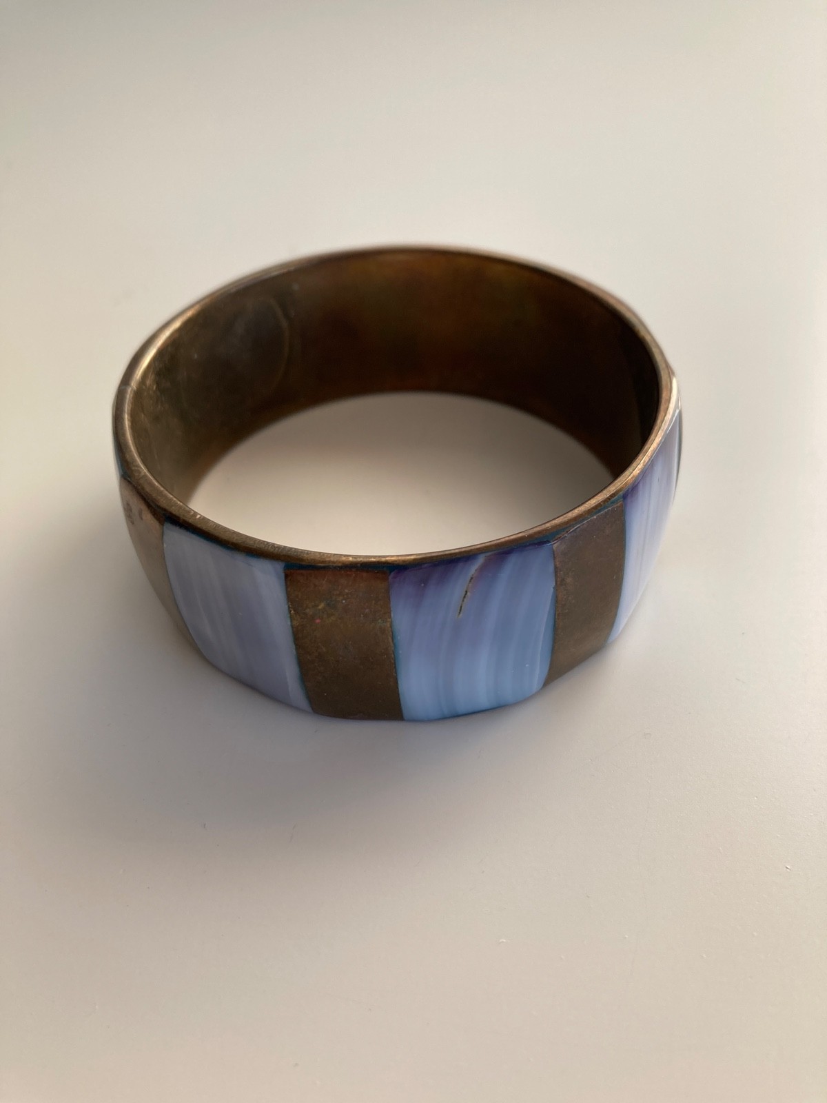 Pearlized Brass Bangle Bracelet Mother of Pearl 2 1/2” int 1980s Philippines