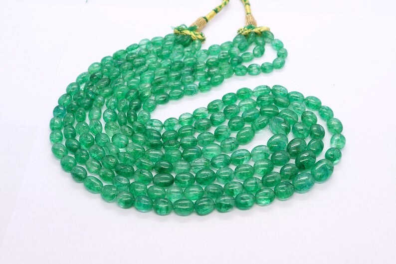 4 Layer Green Emerald Smooth Oval Shape Gemstone Beads Handmade Necklaces 18”
