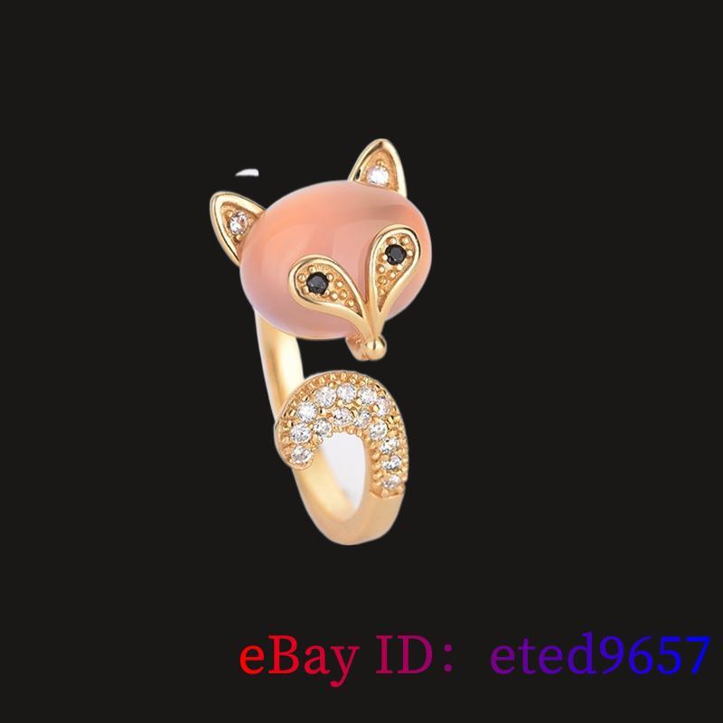 Pink Jade Fox Rings Natural Adjustable Ring Fashion Women Jewelry 925 Silver