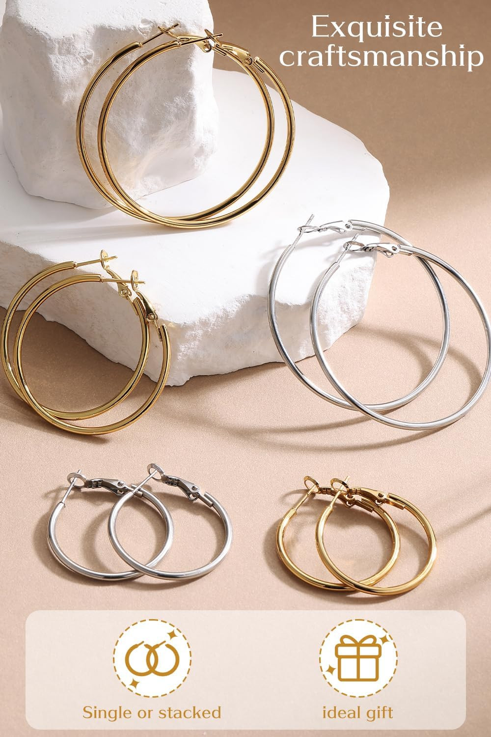 4/6 Pairs Gold Silver Hoop Earrings for Women 14K Gold Plated Hypoallergenic 2Mm